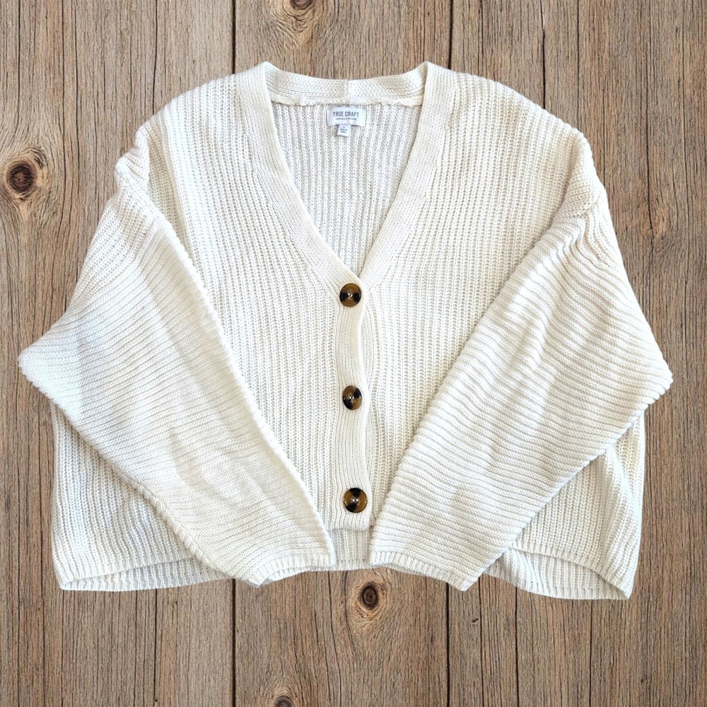 True Craft Womens Cream Ribbed Knit Crop Cardigan Sweater V-Neck Large